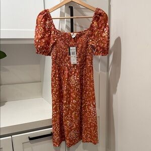 Roxy Rust Floral Smocked Midi Dress with Puff Sleeves